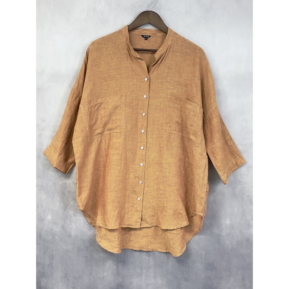 Vivid Linen Button Up Shirt Women XL Oversized Minimal Coastal Resort Earthy